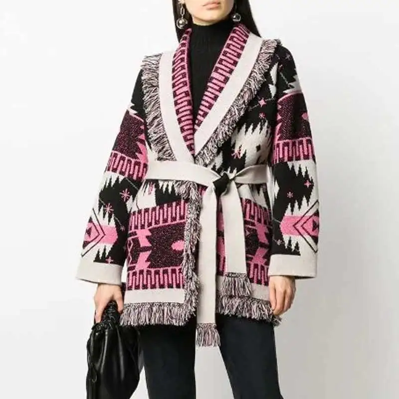 Космический рисунок с бахромой кардиган без застежки из кашемира зимние