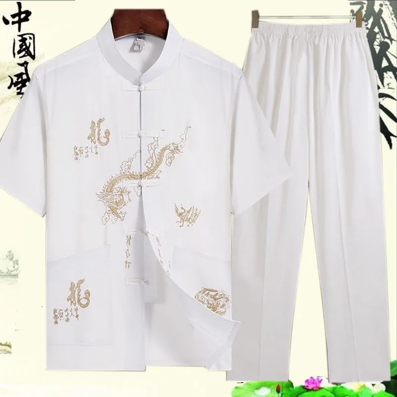 Традиционный китайский мужской костюм с вышивкой Тан тайцзи коротким рукавом