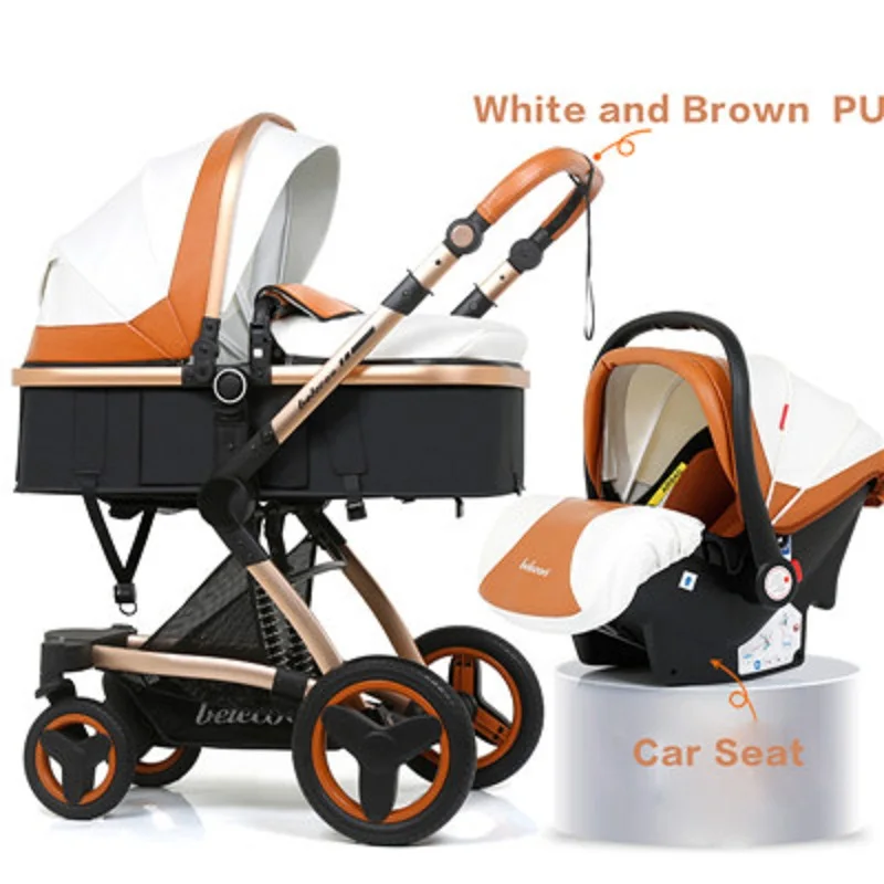 Fast ship! Baby Stroller 3 in 1 High Landscape PU Leather Basket Can Sit Reclining Folding Two-way Shock Baby Stroller