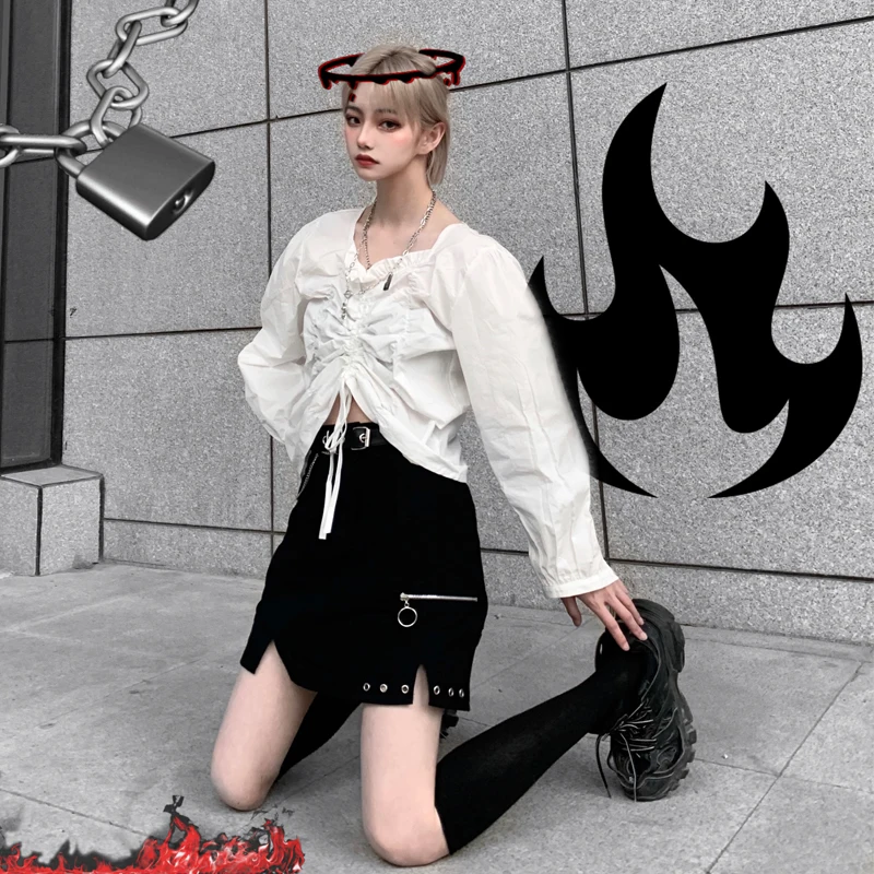 

Korean High Waist A-line Black Skirt Women Clothing Hollow Out Zipper Ins Hipster Mini Skirts Harajuku Fashion Brand Streetwear