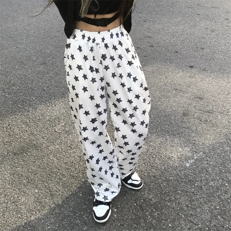 

new Korean trend retro women trousers Streetwear star print wide-leg pants female loose casual straight-leg Bottoms Unisex