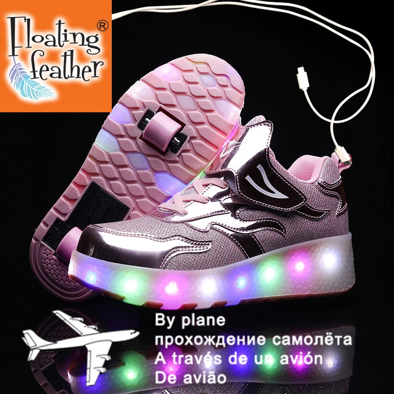 

Children Two Wheels Luminous Glowing Sneakers Gold Pink Led Light Roller Skate Shoes Kids Led Shoes Boys Girls USB Charging