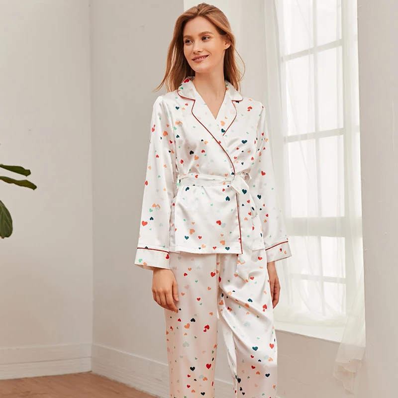 

XIKUO New Ladies Pajamas Spring Summer Silk Women Long-Sleeved Trousers Home Service 2PCS Set Casual Comfortable Wholesale