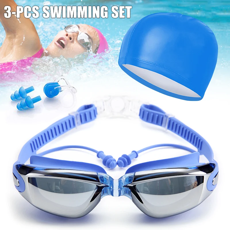 

Hot Sale Unisex Swimming Goggle Anti-Fog UV Protection Surfing Cap Earplugs Nose Clip Set Adult ED889