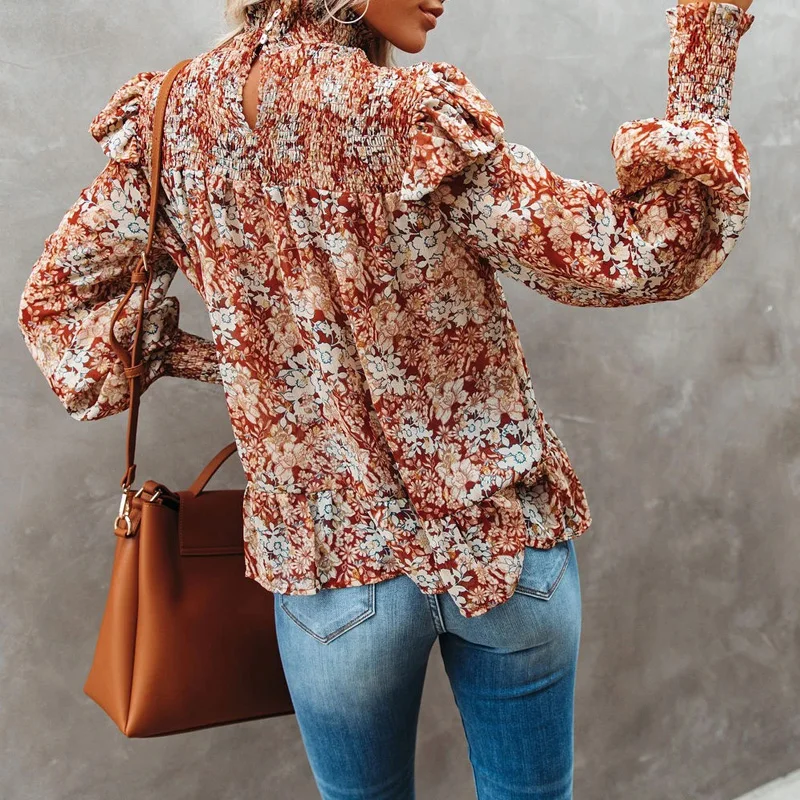 

Pleated Turtleneck Floral Print Long Sleeve Blouse Casual Bohemian Women Shirt Fashion Vintage Puff Sleeve Tops