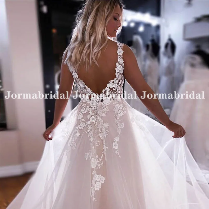 

Elegant Tulle Wedding Dresses With Floral Applique V-Neck Vestido De Noiva Custom Backless Wedding Bridal Gown Beach Bride Dress