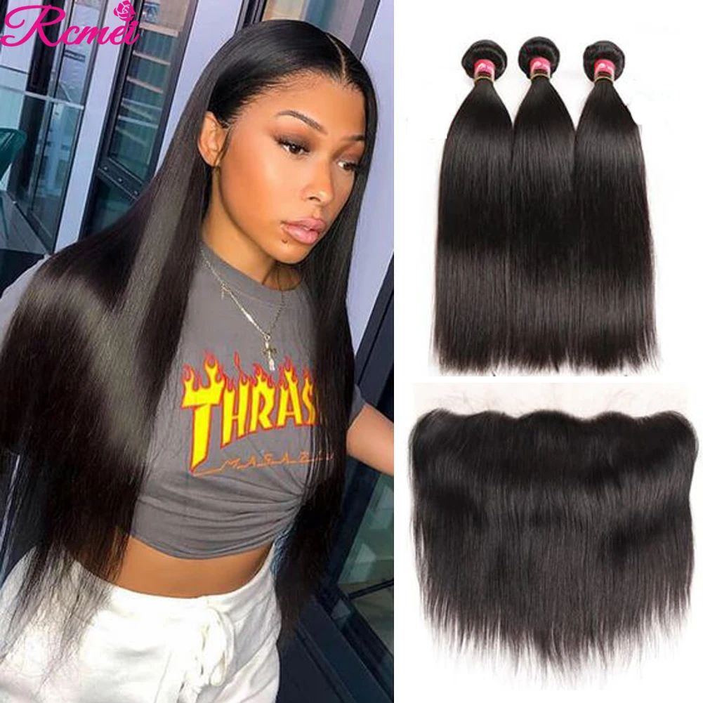 40'' Bundles With Frontal Closure Remy Hair With Baby Hair Brazilian Straight Hair 3 Bundles With 13x4 T part Frontal Closure