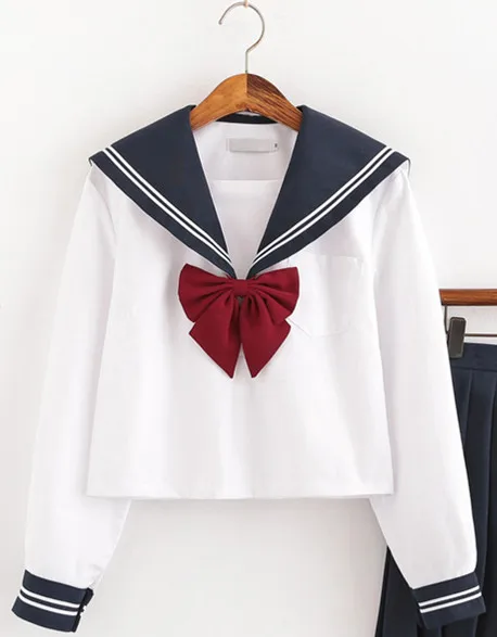 Long-sleeved shirt Новая летняя униформа с коротким/длинным рукавом, японское школьное платье, униформа для женщин и девочек, темно-синий костюм моряков, плиссированная юбка, комплекты - Цвет: Long-sleeved shirt