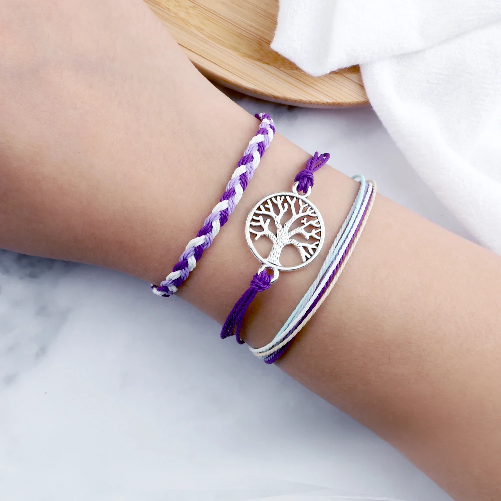 

Women Lucky Purple Rope Bracelets Charm Waterproof Wax String Bohemian Handmade Adjustable Tree of Life Bracelets Jewelry Gifts