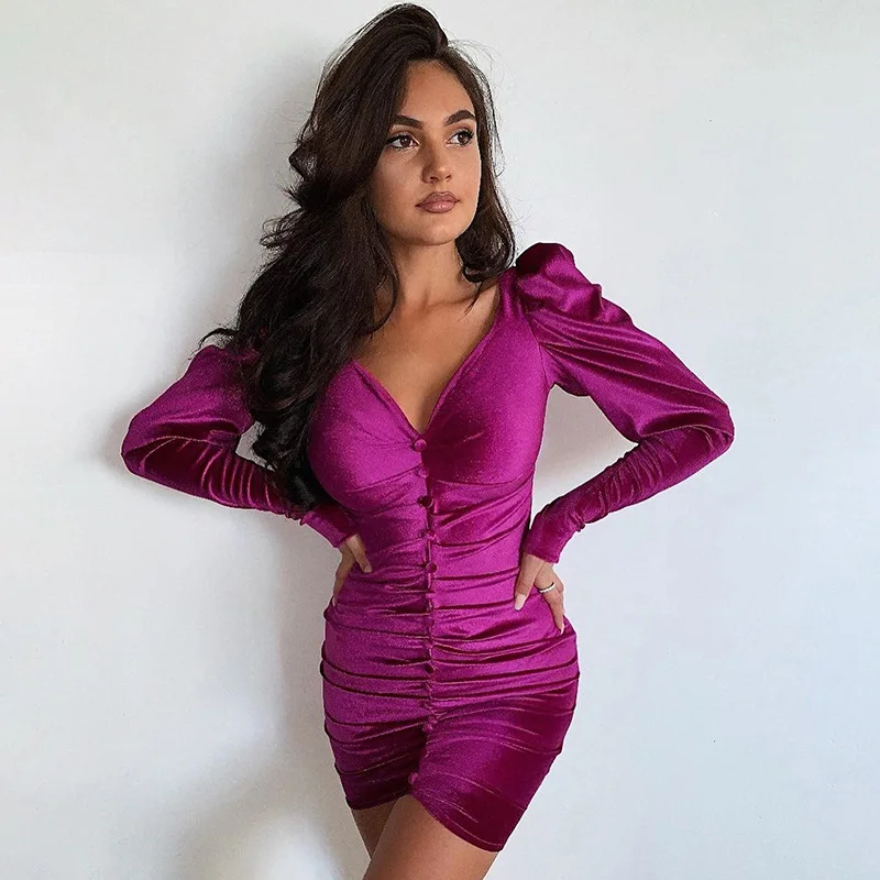 women dress purple front-row mushroom buckle bag Velvet female solid-color complexe V-neck sexy Tight hip Night | Женская одежда