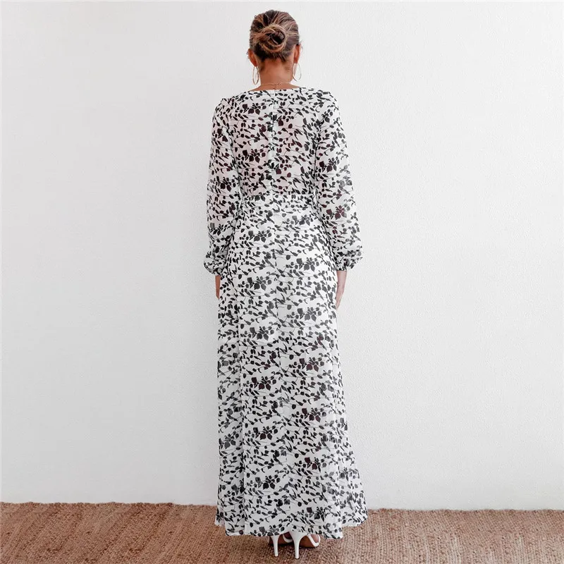 Женское Бандажное платье с высокой талией белое длинное v-образным вырезом и