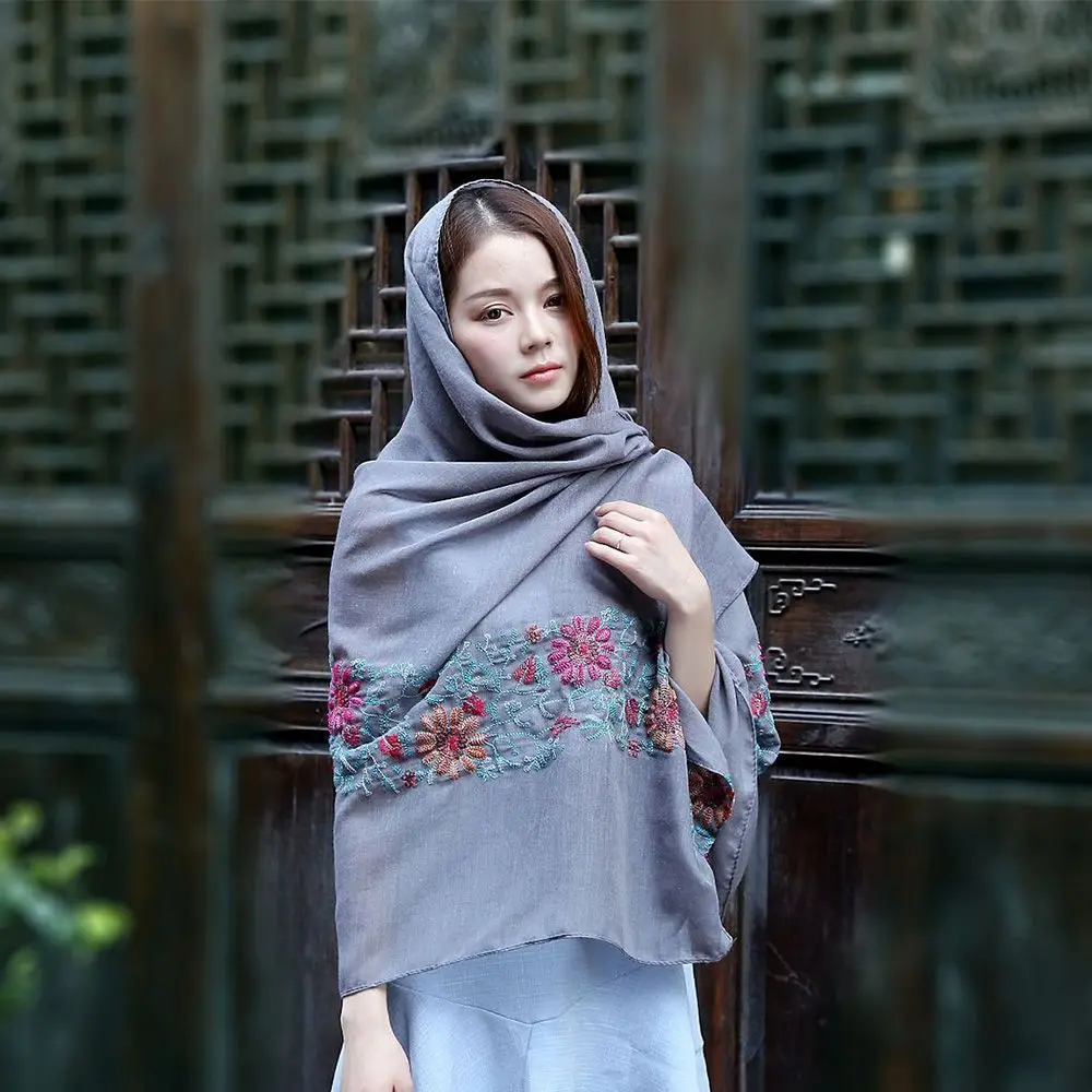 Женский простой вышитый шарф из вискозы с цветочным принтом шаль индийская