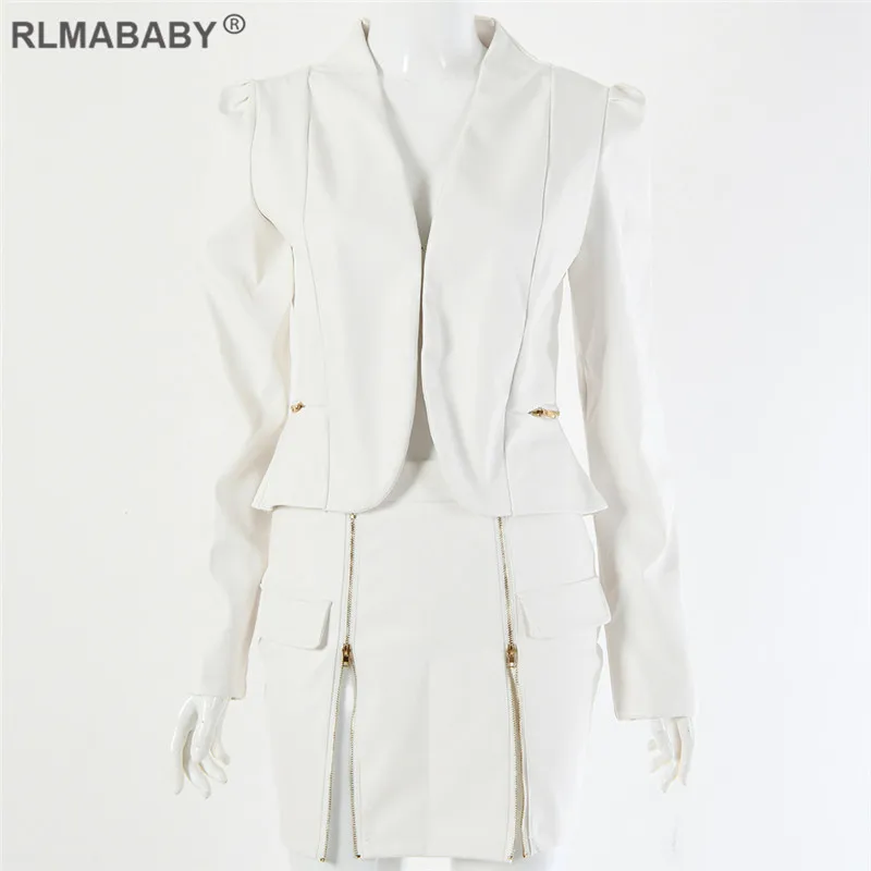 White RLMABABY платье из искусственной кожи с рюшами на молнии, Женский комплект 2 шт. платье с v-образным вырезом и длинным рукавом, облегающее платье на молнии, сексуальное платье для ночного клуба - Цвет: White