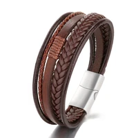 european and american personalized stainless steel leather hand woven rope leather titanium steel leather mens bracelet