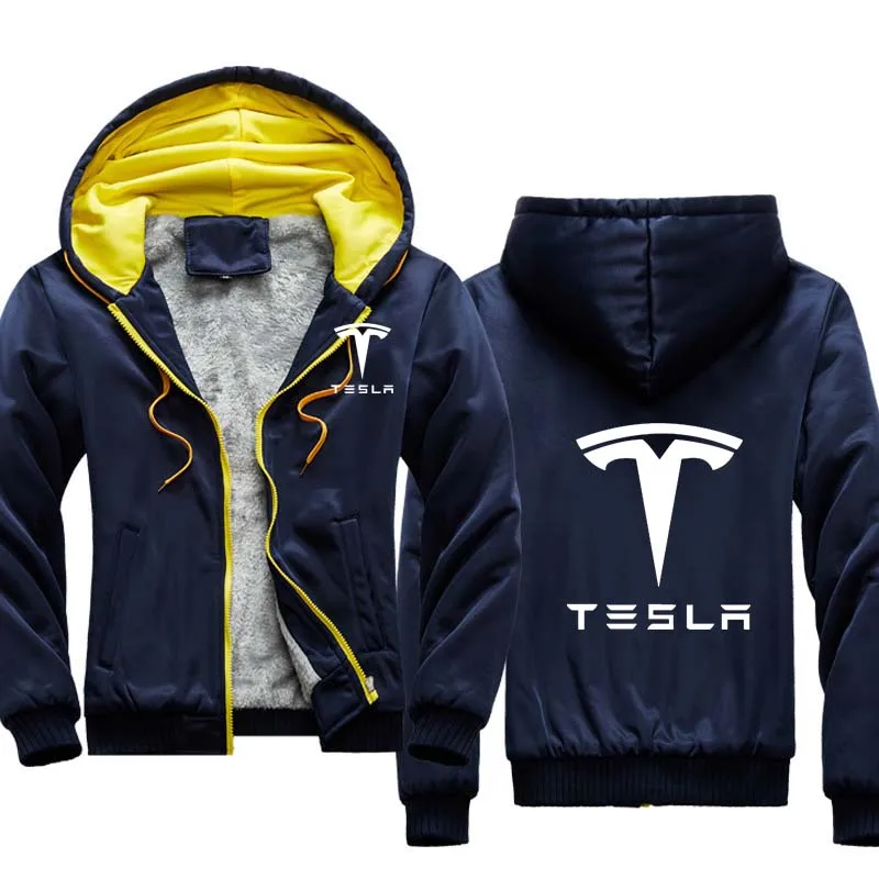 

Winter Hoodies Men Tesla Car Logo Print Plus velvet thickening Solid color Fleece Men's thick top