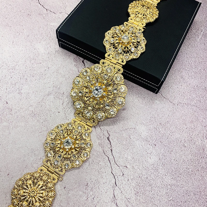 Elegant Round Crystal Waist Chain For Moroccan Style Wedding Caftan Noble Hollow Flower Shaped Metal Belt