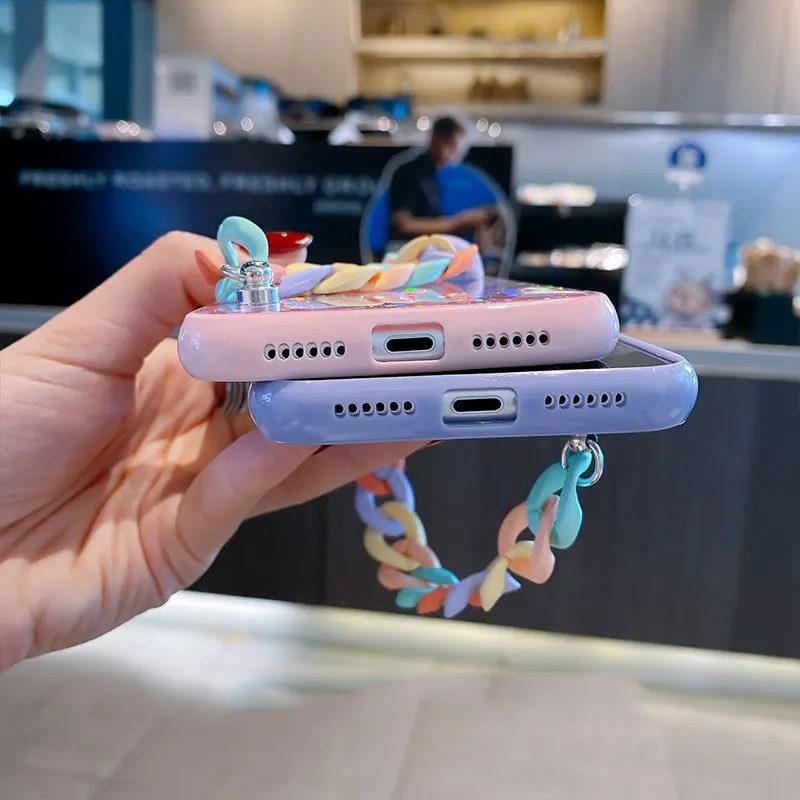 

Rainbow Wristband Chain Glitter Phone Case For iPhone 11 12 Pro Max Mini XS X XR 8 7 Plus 11 Luxury Shockproof Clear TPU Cover