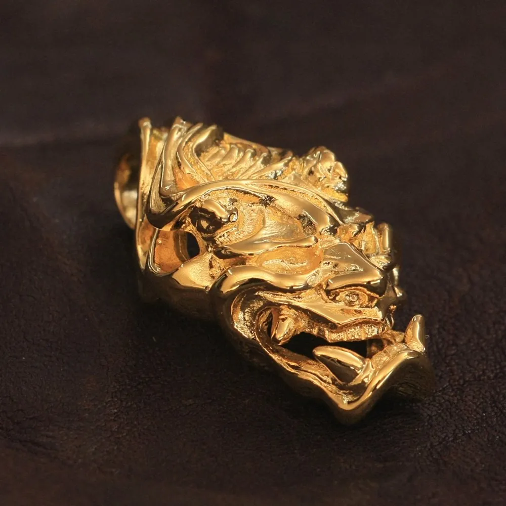 

LINSION Gold Plated Brass Japanese Ghost Prajna Skull Pendant Mens Punk Jewelry GP276 JP