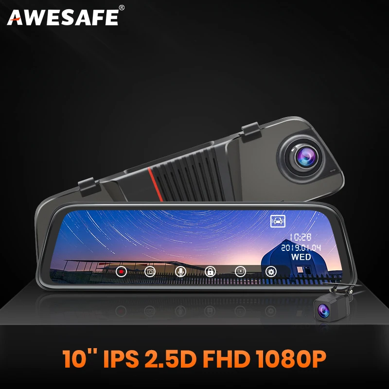 AWESAFE Автомобильный видеорегистратор с камерой 10 дюймов IPS 2.5D FHD 1080P потоковый