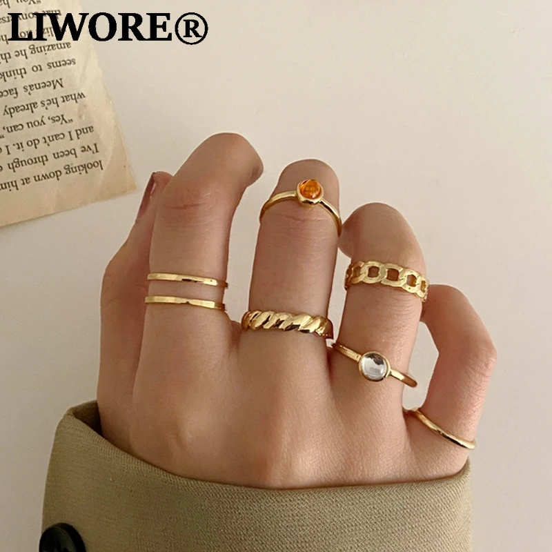 

New retro gold color ring set for women girl simple opal open ring irregular thin ring ring jewelry