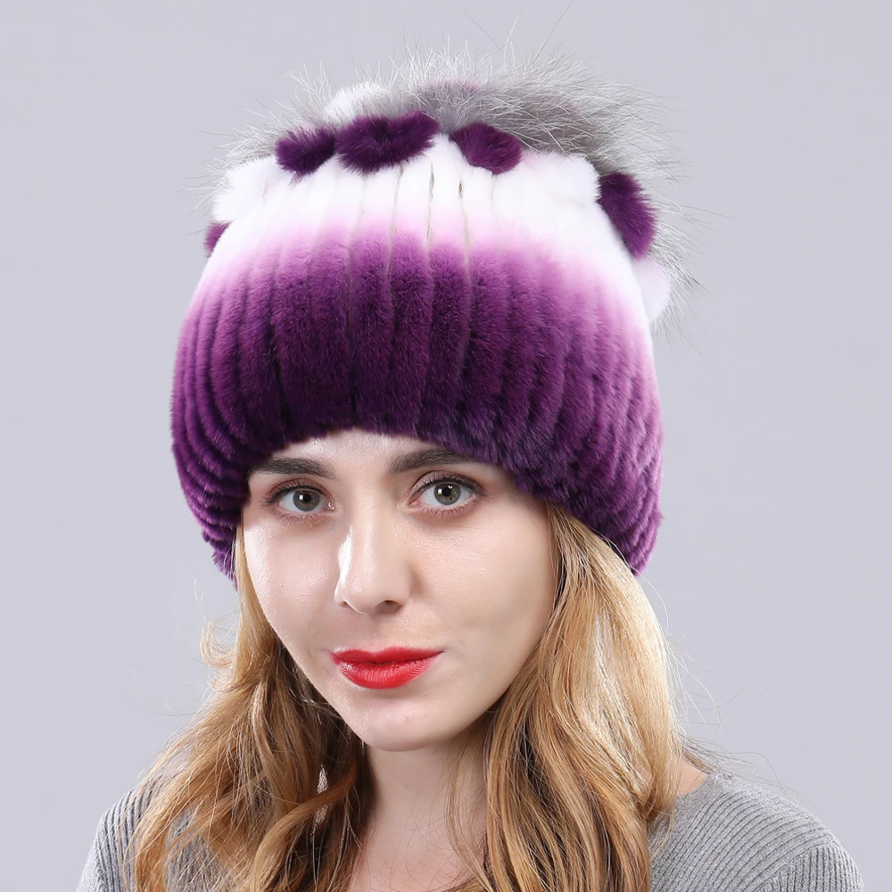 Настоящие Женские шапки из меха кролика рекс Леди ручной вязки в полоску шапка с