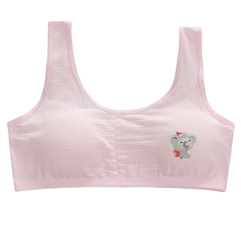 

85WB Puberty Teen Girls Cotton Training Bra Plaid Solid Color Cartoon Koala Print Underwear Student Breathable Wirefree Padded