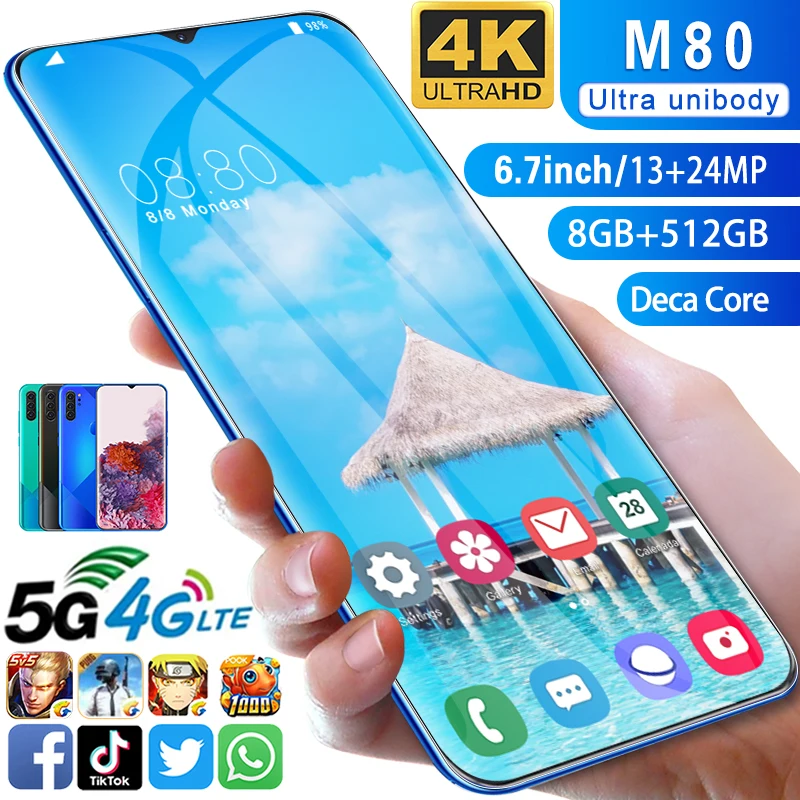 

2021 Newest 6.7 Inch M80 Mobile Phone Snapdragon865 Android11 8GB 512GB Smartphone 4800mAh Fingerprint Unlock Dual SIM Cellphone