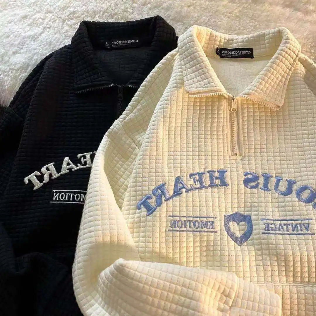 

Retro Street Letter Heart Embroidered Pullover Hoodie Women Waffle POLO Shirt Loose Couple Fashion Oversized Sweatshirt Women
