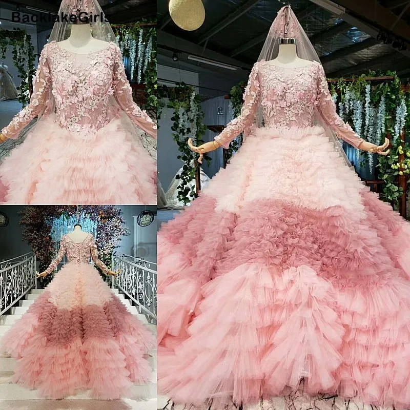 Розовое вечернее платье с длинными рукавами и круглым вырезом мусульманское