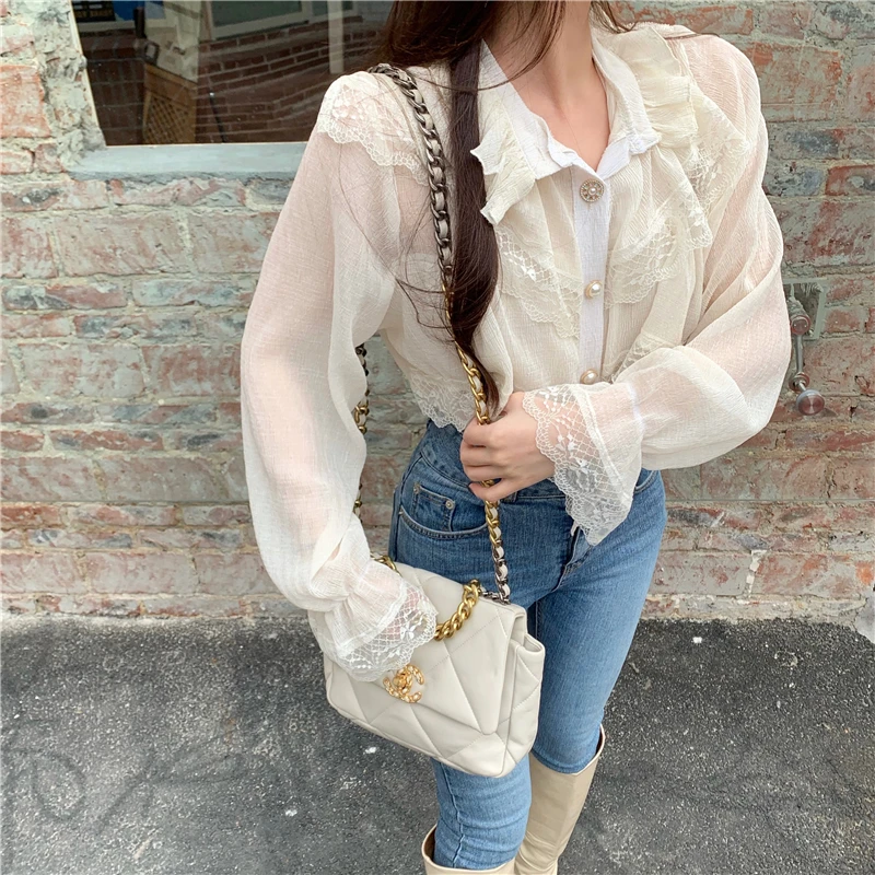 Stand collar chiffon shirt female Ruffled Long sleeve 2021 Loose Ladies Lace Women Shirts Blusas Feminine harajuku shirt 228F