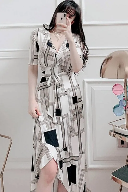 

2021 spring and summer new fashion casual women's v-neck printed fishtail long skirt bag hip dress
