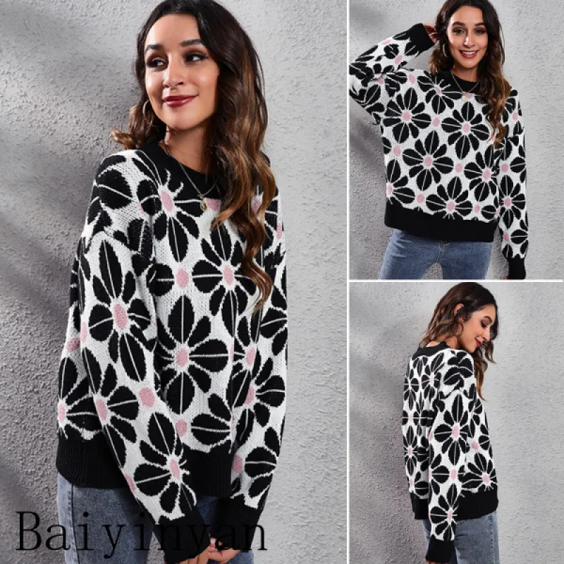 European and American Autumn and Winter Women's Flower Color Matching Drop-Shoulder Long-Sleeve Knitted Sweater Women's Loose