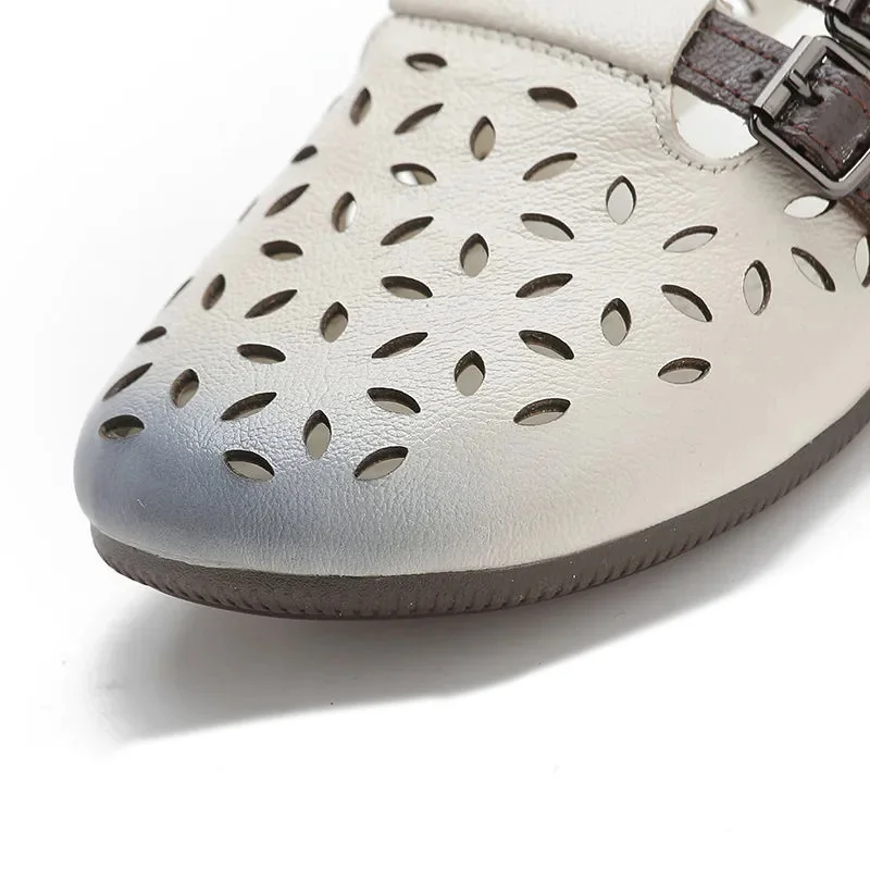 

Genuine Leather Summer Ladies Shoes Brand Hollow SIngle Shoes 2021 Flats Casual Garden Shoes