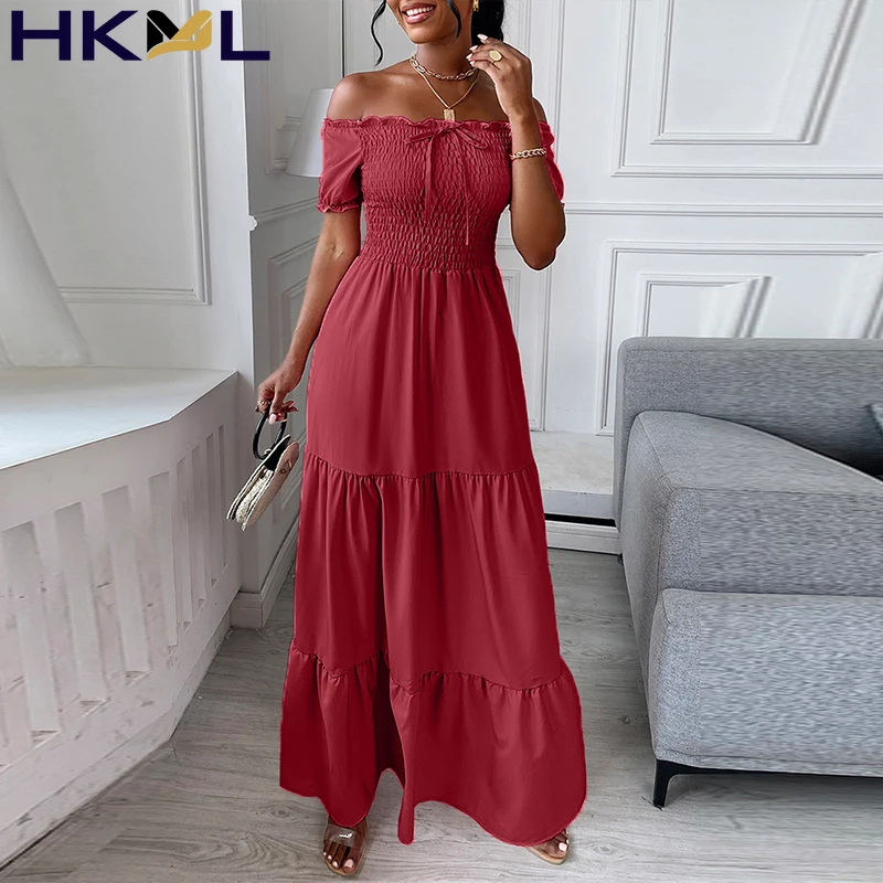 

2021 Summer Elegant Short Sleeve Solid Wrap Dress Women Sexy Slash Neck Tie Up Long Dress Lady Autumn Casual Pleated Maxi Dress