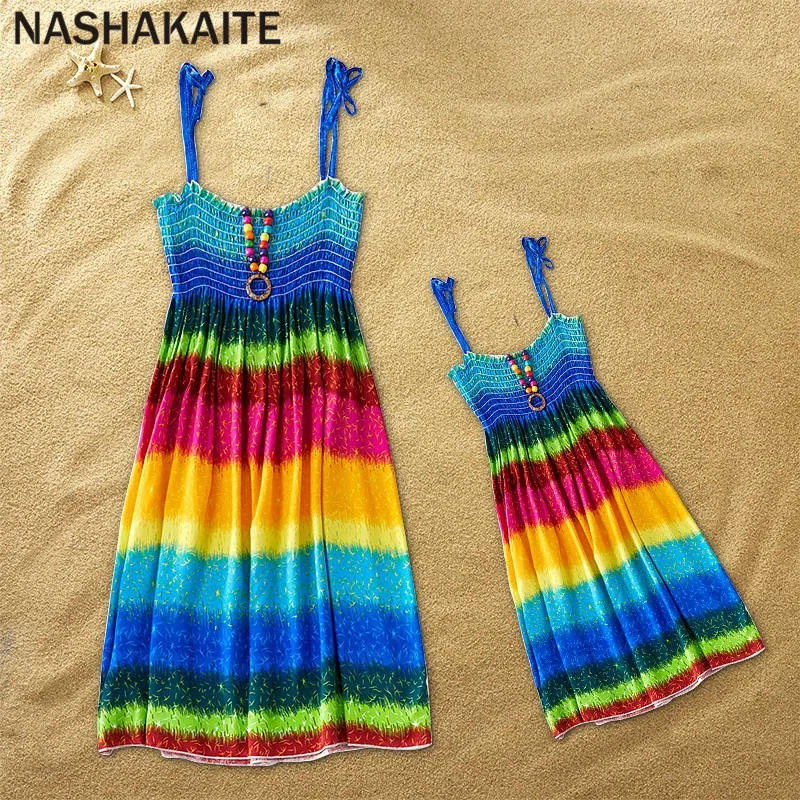 NASHAKAITE-ropa para madre e hija, vestido bohemio de arco iris para playa, aspecto familiar, contiene collar, regalo