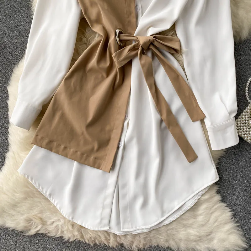 

YIZZHOY Summer New Arrival Women Fashion Bow Turn-down Collar Long Sleeve Patchwork Short Dress Office Ladies Retro Dress