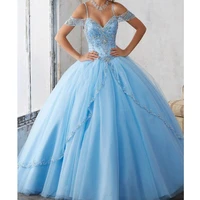 2022 light sky blue ball gown quinceanera dresses cap sleeves spaghetti beading crystal princess prom party dresses for sweet 16