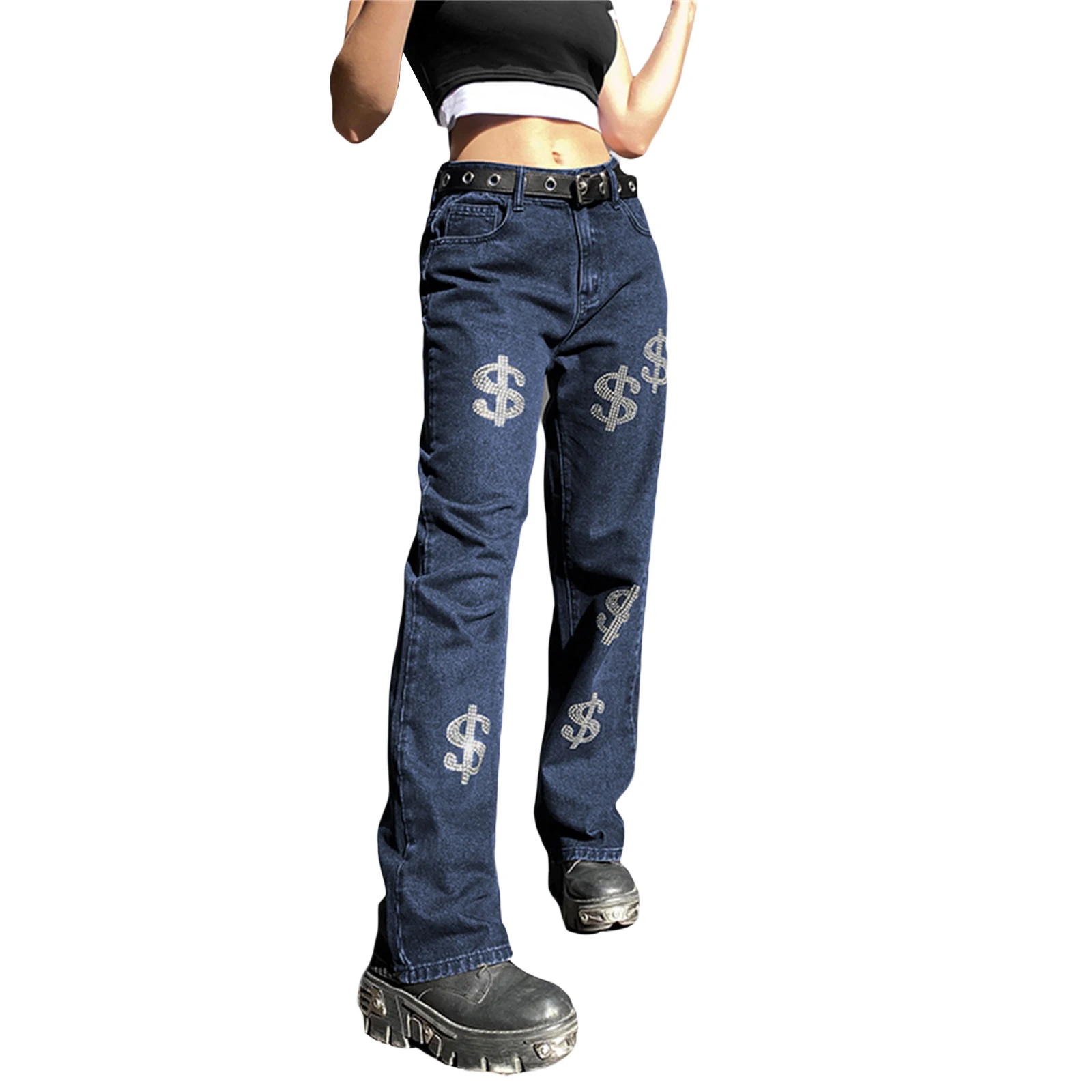 

Autumn Vintage Women Casual Jeans Y2K Adults Rhinestone Dollar Sign Pattern Denim Pants with Pockets Fairy Grunge
