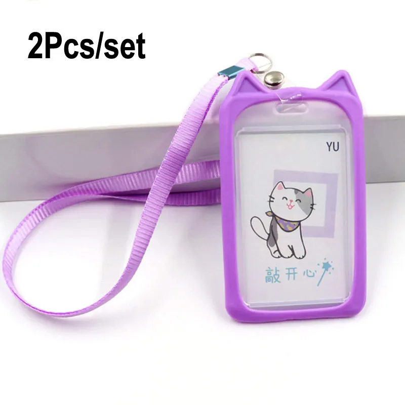 

2Pcs Set Kawaii Cat ID Card Protection Cover Case Lanyard Badge Holder Kid School Student Company Office Exhibit Work Neck Strap