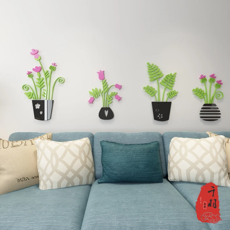 Креативная акриловая настенная 3D наклейка WS70 в горшке с кристаллами для гостиной