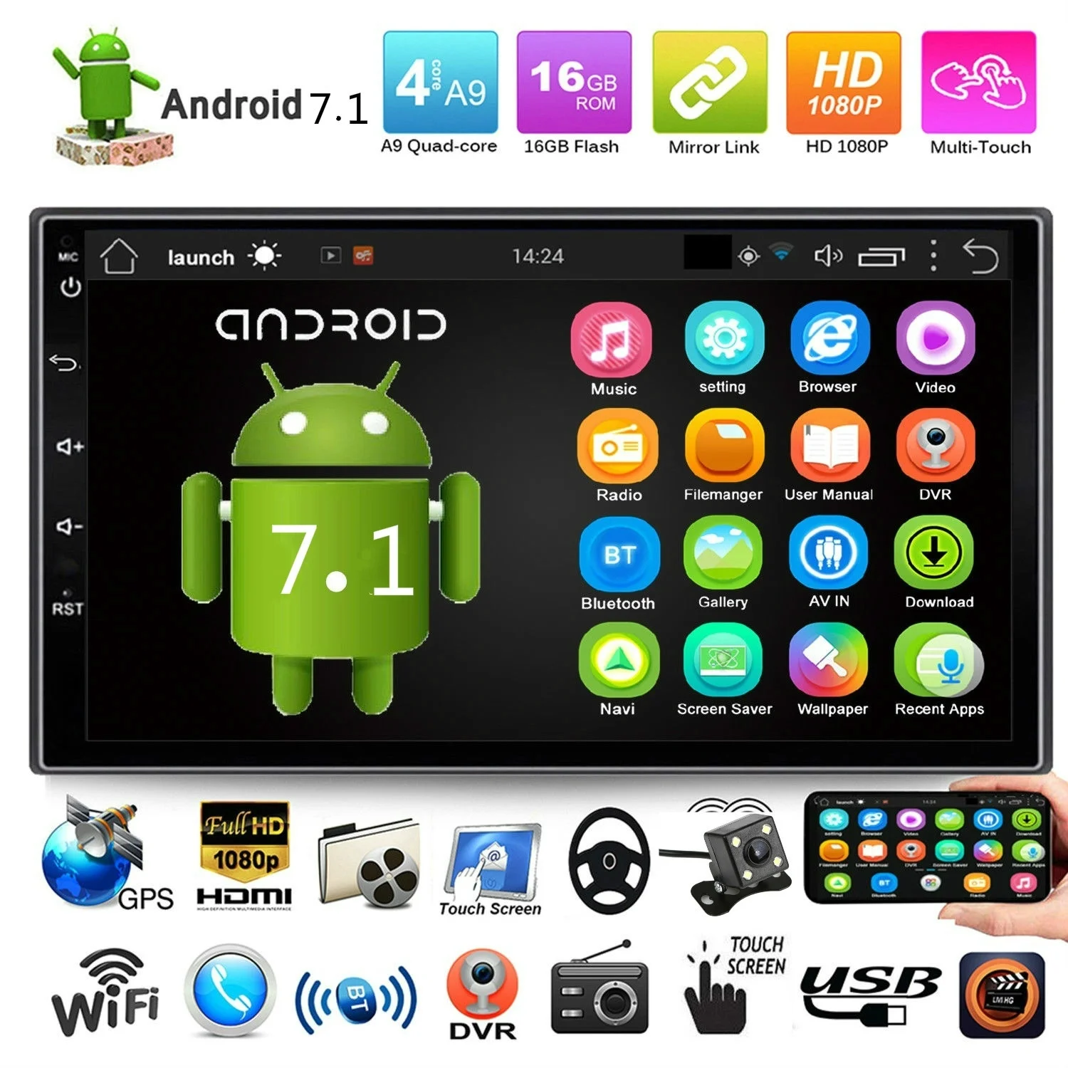 7-дюймовый 2DIN Авторадио Android 7 1 WiFi GPS четырехъядерный стерео автомобильный