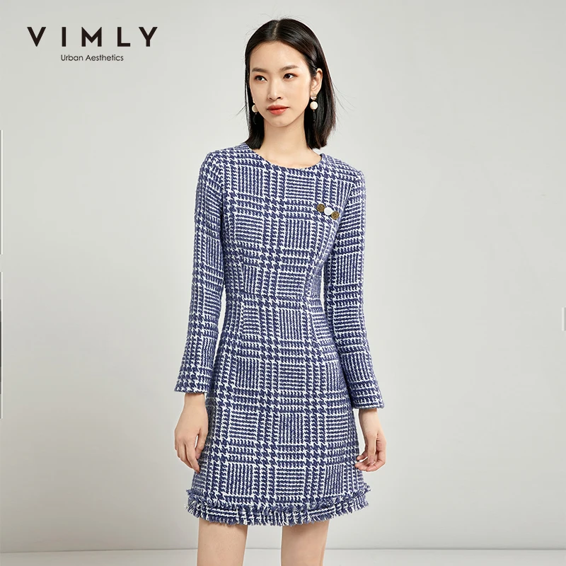 Vimly элегантное женское платье зимняя клетчатая плотная осенняя одежда с круглым