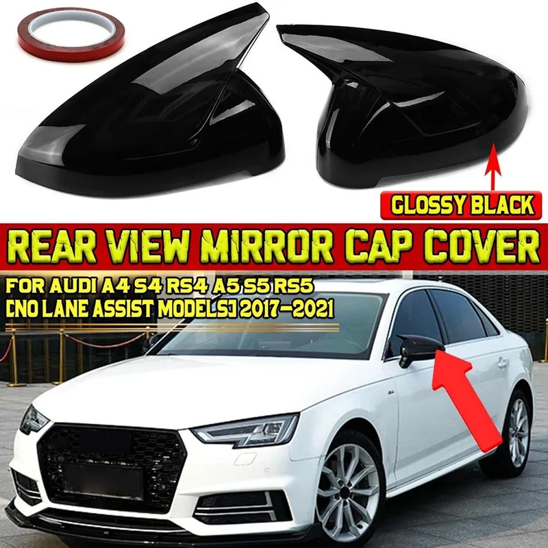 

2Pcs A4 Mirror Cover Add-on Car Rear View Rearview Side Mirror Cover Cap for A4 S4 RS4 A5 S5 RS5 2017-2021 Black