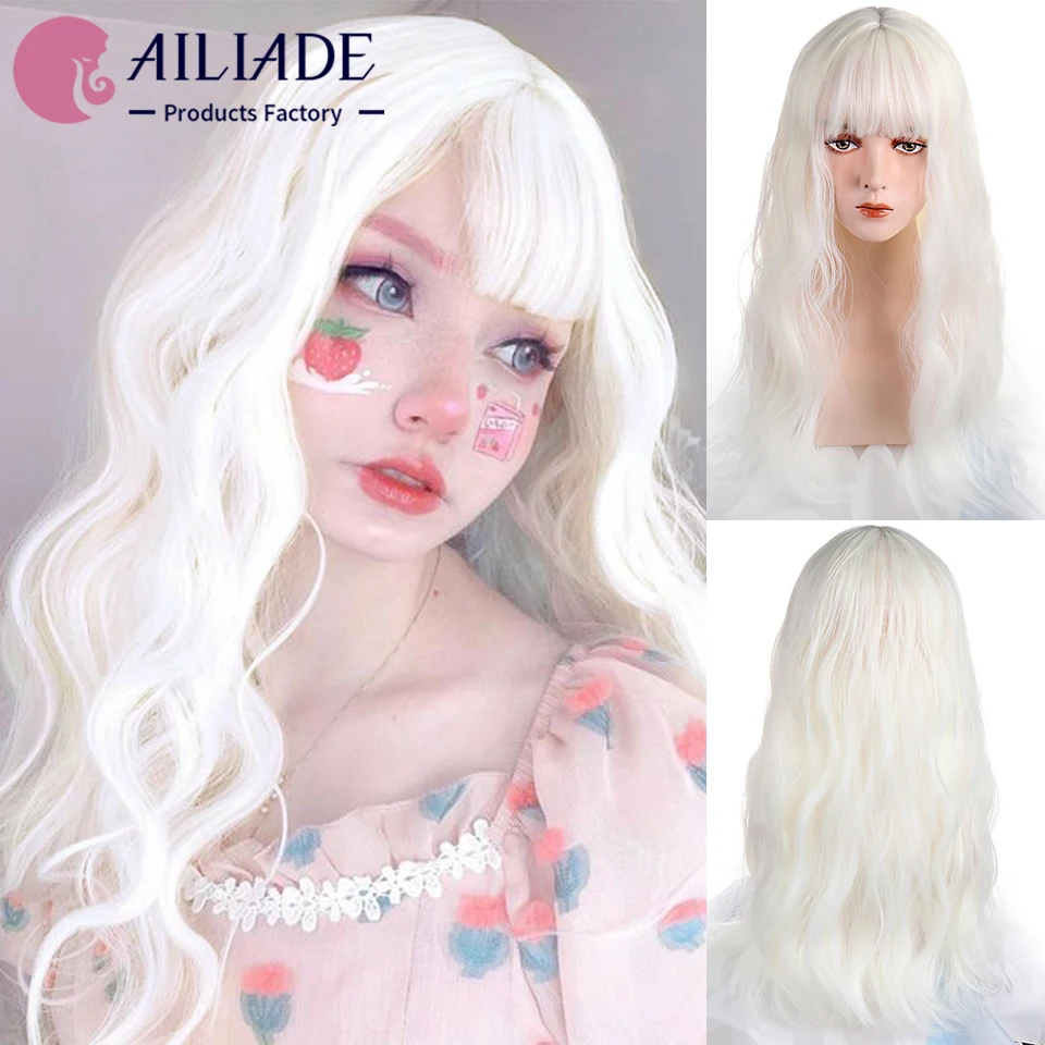 

AILIADE Long Water Wave Synthetic Wigs with Bangs lolita Cosplay Hair Halloween Wigs for Women Heat Resistant White Blonde Wig