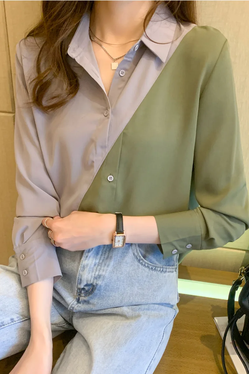 

COIGARSAM Chiffon Shirt Womens tops New Spring Patchwork Turn-down Collar Women shirts Red Green 6219