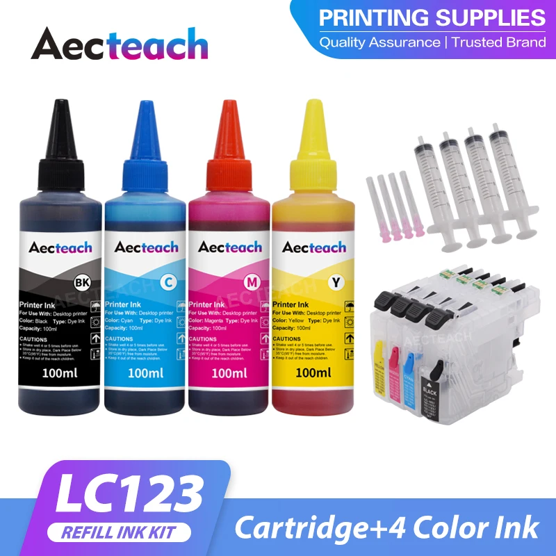 Aecteach Новый 4 × 100 мл бутылка чернил + перезаправляемый чернильный картридж для