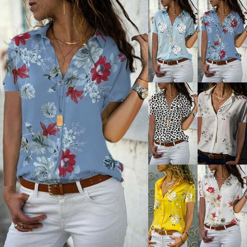 

Pop Women Short Sleeves Shirts Floral V Neck Loose Slim Fit Blouse Tops For Summer Pop 88