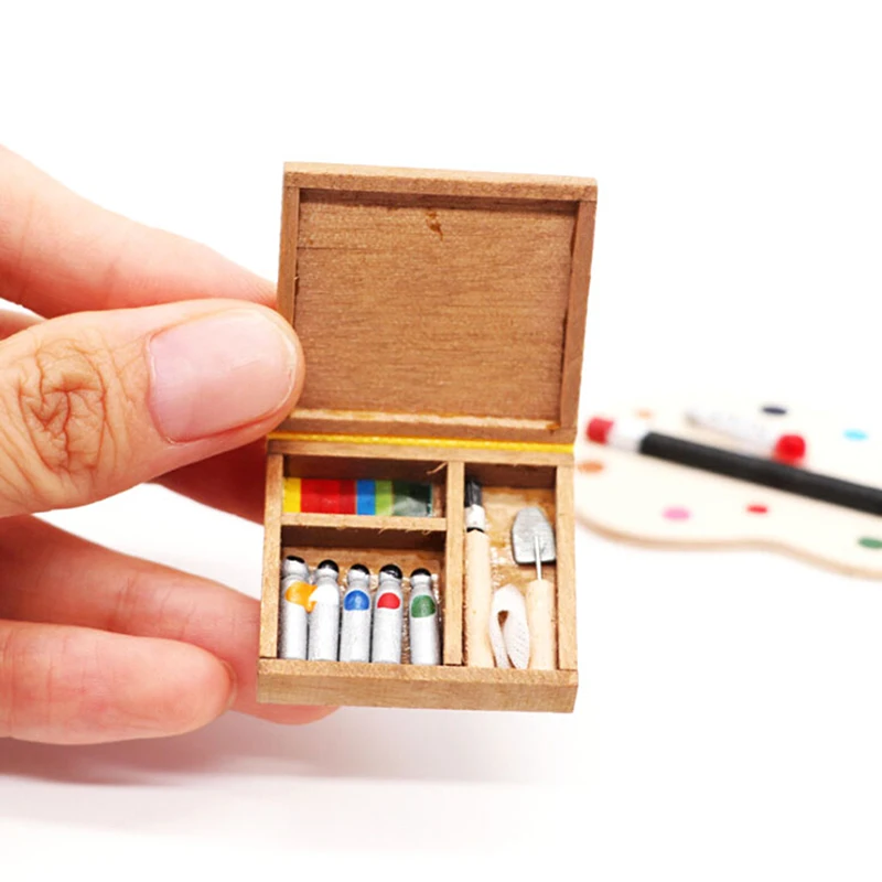 

1Pc 1:12 Dollhouse Miniature Artist Paint Pen Wood Box Toys For Dolls