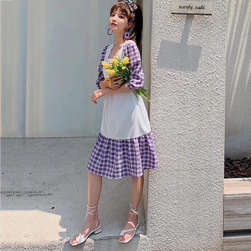 

LANMREM Women Patchwork Lattice Dress Square Collar Short Sleeve Loose Fit Female Fashion Tide Summer 2021 New Arrivals 2E1671