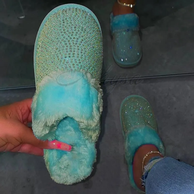 

2020 New Fashion Slippers Women Faux Fur Home Warm Winter Rhinestone Flat Slippers Crystal Indoor Bedroom Plus Size Dropshipping